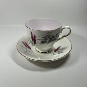 Old Royal Bone China England Vintage Plum‎ Wheat Tea Cup Saucer Pink Inside